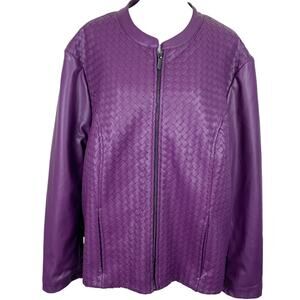 Colleen Lopez Womens 2XL Purple Faux Leather Knit Sides Zip Up Jacket